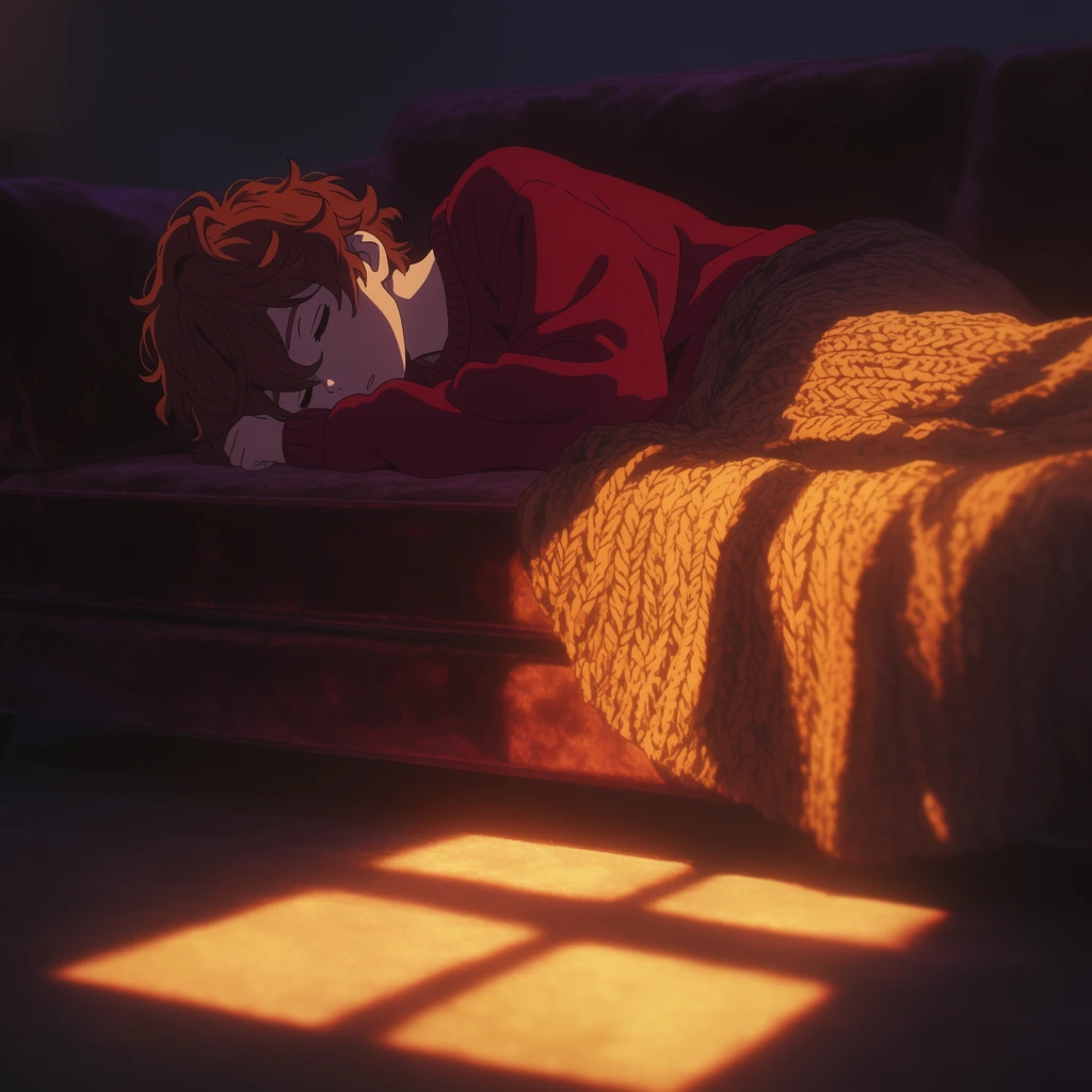 A young anime-style boy with messy wavy auburn hair sleeps peacefully, curled on his side atop a plush velvet sofa. He wears a loose crimson oversized sweater, his head resting on his folded arm with eyes gently closed. A textured knit throw blanket covers his legs. The dimly lit room is pierced by dramatic, high-contrast sunset lighting, casting a sharp, intense rectangular window shadow across the dark floor. Vibrant amber light heavily illuminates the blanket, while deep violet shadows envelop the boy's face and upper body. The composition features a low camera angle, highlighting the stylized linework, cinematic light bloom, and moody atmosphere characteristic of premium 2D animation.