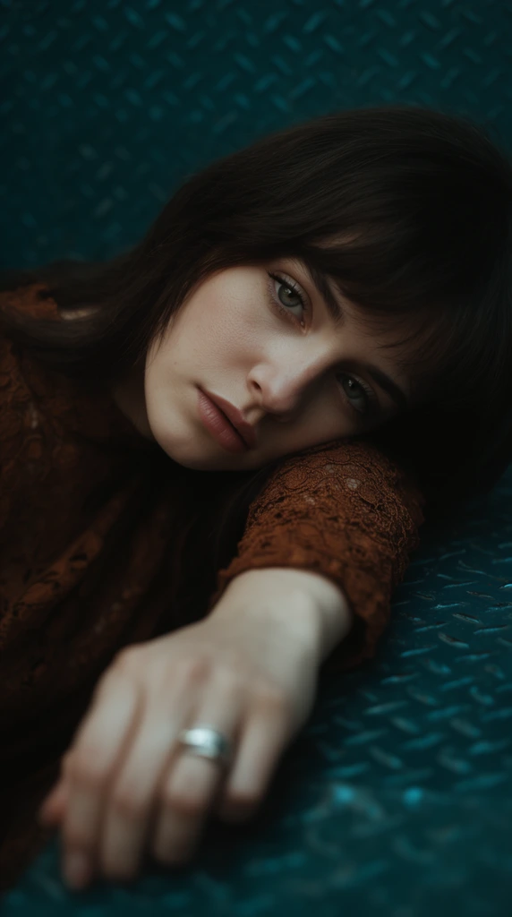 A close-up portrait of a young woman resting her head sideways on her forearm atop a dark teal diamond-plate metal surface. She features fair skin, dark brown hair with bangs, light eyes, and a textured rust-brown lace top. Her out-of-focus hand rests in the foreground wearing a silver ring. The moody, cinematic shot uses soft dramatic lighting, a shallow depth of field keeping her melancholic face in sharp focus, and a rich complementary teal and brown color palette.