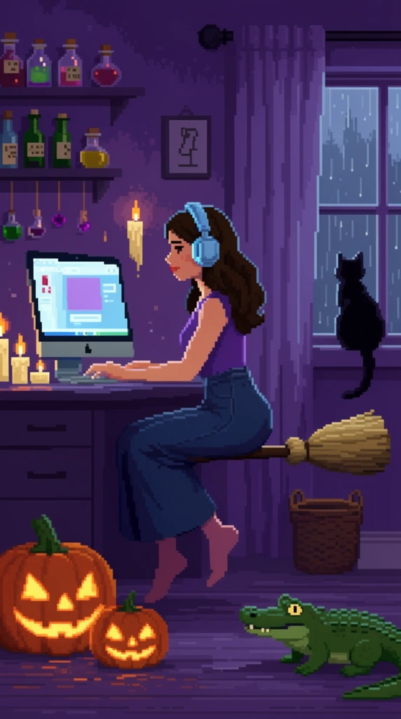 A 16-bit pixel art scene of a woman wearing headphones, sitting on a hovering broomstick at a computer desk. The dimly lit purple room features glowing jack-o'-lanterns, potion bottles, lit candles, a small alligator on the floor, and a black cat gazing out a rainy window.