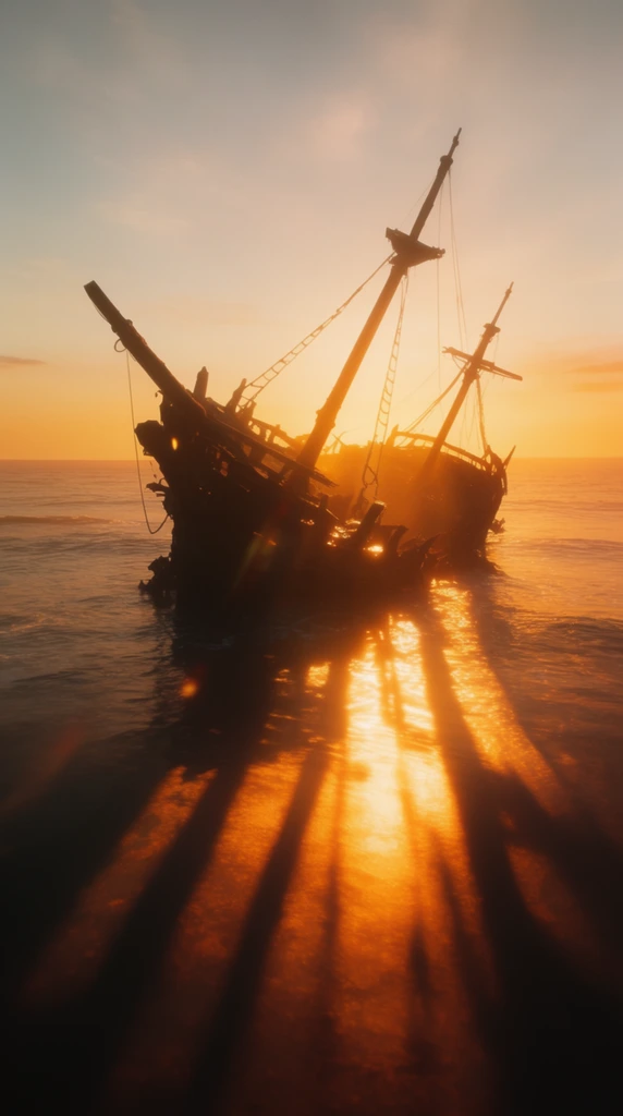 A wrecked wooden ship sits in the ocean during an intense golden hour sunset, heavily backlit to create a striking, high-contrast silhouette. The shattered hull and angled masts block the direct sunlight, producing a brilliant rim light along their jagged edges and creating a glowing, diffused bloom effect in the surrounding atmosphere. The calm ocean surface acts as a reflective plane, bouncing a wide, fiery streak of golden-orange light directly toward the viewer. Elongated, sharply defined dark shadows cast by the ship's structure stretch deeply into the immediate foreground across the water. The background sky displays a seamless gradient from pale, hazy blue at the top to vibrant, saturated amber and orange at the flat horizon line. The cinematic composition is captured from a low, wide-angle perspective, emphasizing the rich, warm color palette of golden yellows and deep burnt umber shadows. The lighting is highly directional, featuring intense lens flares, a soft atmospheric haze, and photorealistic rendering that highlights the stark contrast between the darkened shipwreck and the brilliantly illuminated environment.