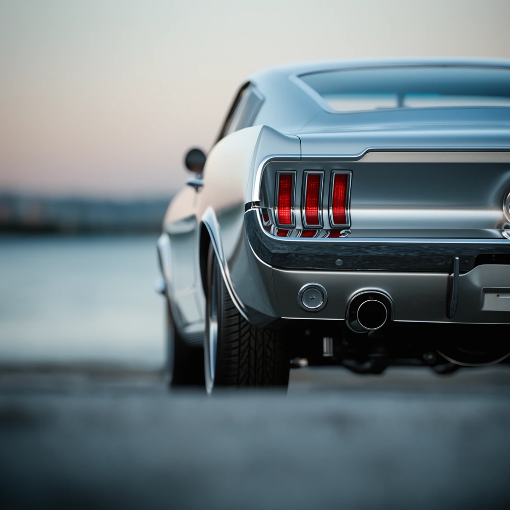 Rear view of a classic silver muscle car, sleek... | Krea