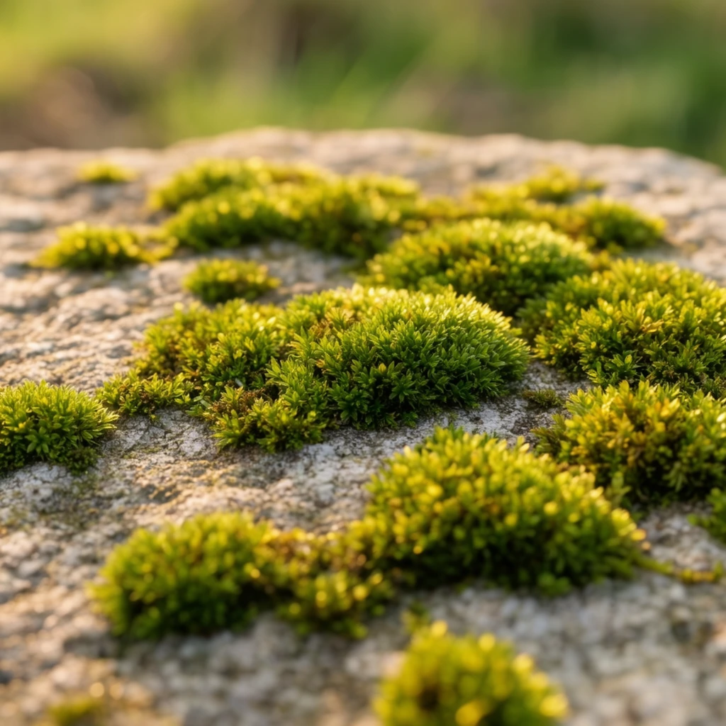 Vibrant green moss grows in scattered patches across a rough, light grey stone surface bathed in warm sunlight. The moss forms dense, textured clumps of tiny feathery leaves, creating organic islands on the pitted rock. A shallow depth of field blurs the immediate foreground and distant background into soft hues of green and earth tones. Captured as a macro photograph, crisp focus remains on the central clusters. Golden hour lighting casts soft shadows and highlights the vivid yellow-green tips, enhancing the tactile contrast between the delicate plant life and the weathered stone.
