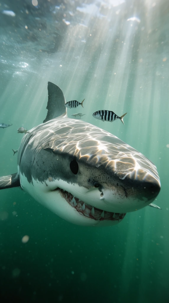 great white shark descending in emerald green water, caustic sunlight rippling across grey back, striped pilot fish near dorsal fin, underwater god rays, floating particles