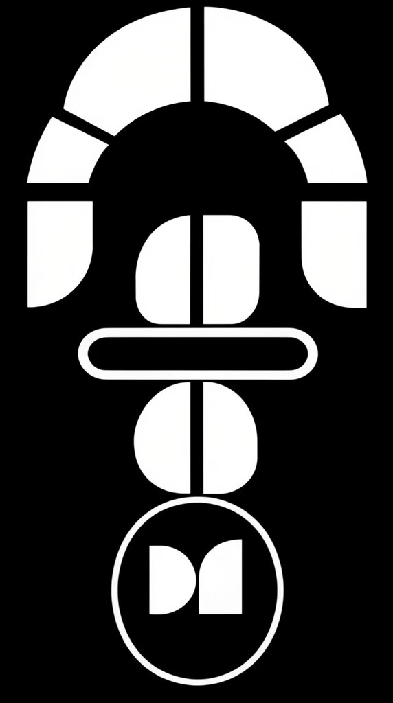 A stark minimalist composition featuring high-contrast white geometric forms centered against a pure black background. A wide sweeping arch of segmented shapes frames the upper section. The central axis displays a structured stack of geometric elements highlighted by an elongated hollow pill-shape intersecting the middle forms. A smaller precise oval ring rests at the base enclosing compact white shapes. The design utilizes a flat vector-style aesthetic with strict symmetry creating a bold emblem-like visual impact.