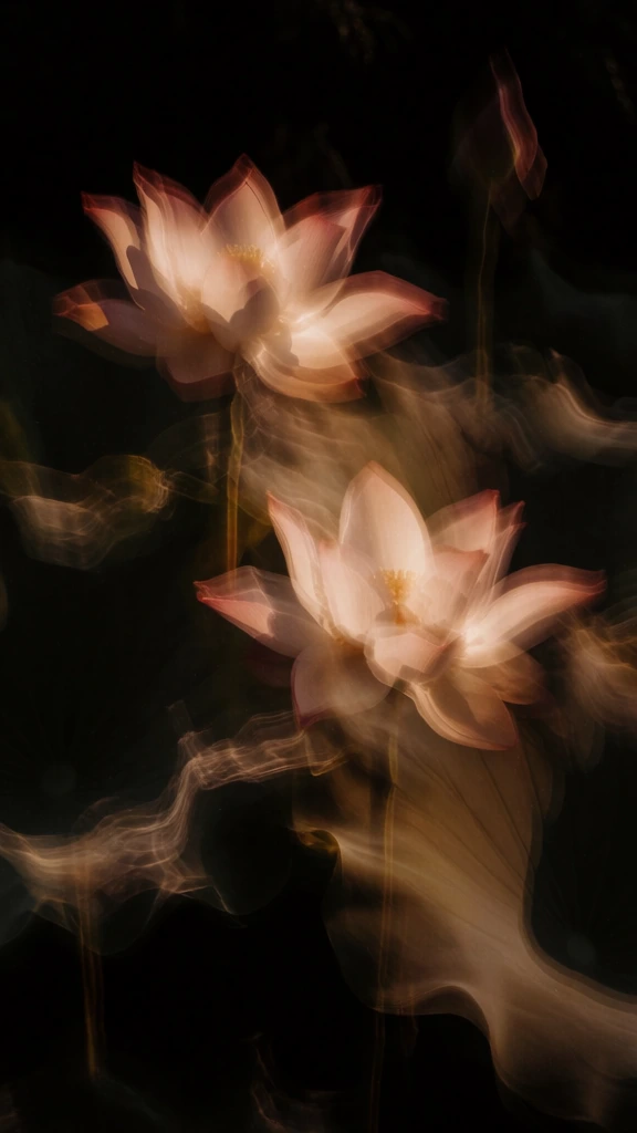 low-exposure abstract photography, two ethereal lotus flowers emerging from deep shadows, cinematic motion blur, grainy film texture, warm sepia monochrome palette, high contrast chiaroscuro lighting, wispy smoke-like gas weaving through petals in soft-focus trails, dreamlike impressionism, minimalist black background, long exposure light streaks, soft diffusion, atmospheric and hauntingly beautiful, fluid organic motion, silhouettes blending into a dark void, painterly aesthetic.