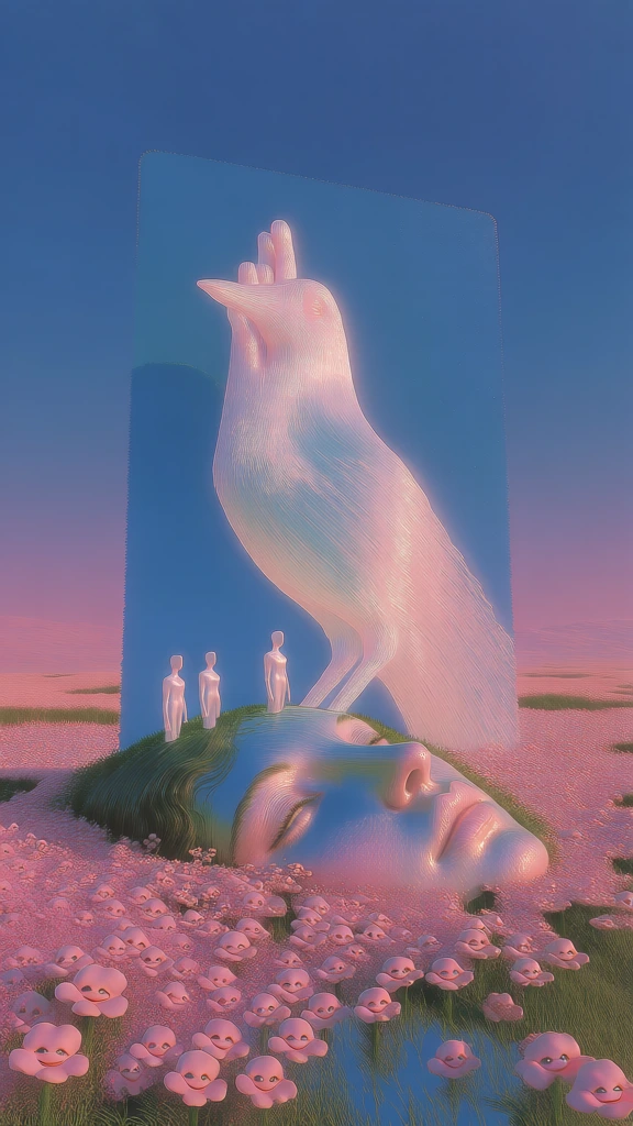 3d digital surrealism, soft-focus dreamcore aesthetic, pastel iridescent color grade with cerulean and blush pink, high-key diffused lighting, a tall rectangular card displaying a sculpted hand-bird hybrid, miniature faceless figures, a giant classical face resting on a field of anthropomorphic flowers with tiny smiling faces, smooth subsurface scattering, pearlescent textures, ethereal atmosphere, liminal landscape, octane render, ultra-clean finishes, serene and uncanny mood.