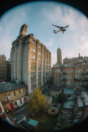 Vertiginous Brutalist Surrealism style reference image — extreme wide-angle fisheye
