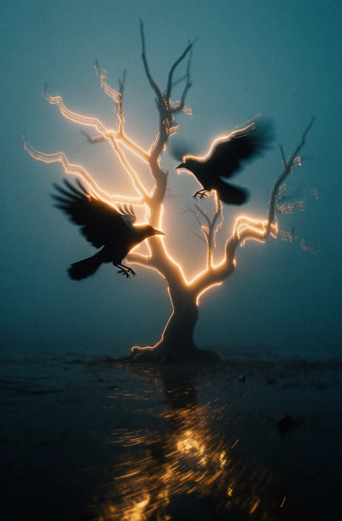 gnarled leafless tree silhouette centered in a dark misty expanse, two crows captured in mid-flight with motion blur, experimental long exposure aesthetic featuring glowing amber light trails tracing skeletal branches and wings, deep teal and cyan atmospheric color palette, high contrast shadows, heavy film grain texture, light painting effect, shimmering orange reflections on a dark liquid ground, surreal cinematic composition, lo-fi analog photography style, moody and evocative.