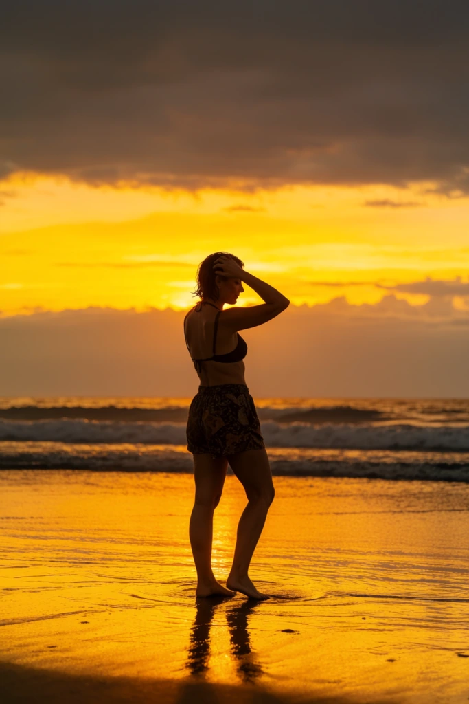 A backlit woman stands barefoot on a wet beach reflecting a vivid golden-orange sunset. Wearing a dark bikini top and patterned shorts, she touches her short wet hair. Gentle ocean waves roll behind her beneath a dramatic sky layered with bright yellow and dark grey clouds.
