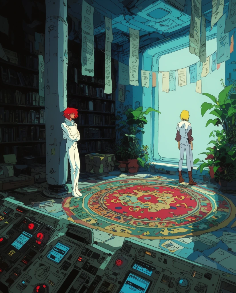 A 90s cel-shaded anime illustration of two figures in a cyan-tinted sci-fi room. A red-haired person in a white suit stands near a heavy pillar, while a blonde figure faces a bright window. The cluttered interior features dark bookshelves, complex foreground control consoles, hanging paper banners, a patterned circular rug, and potted plants.