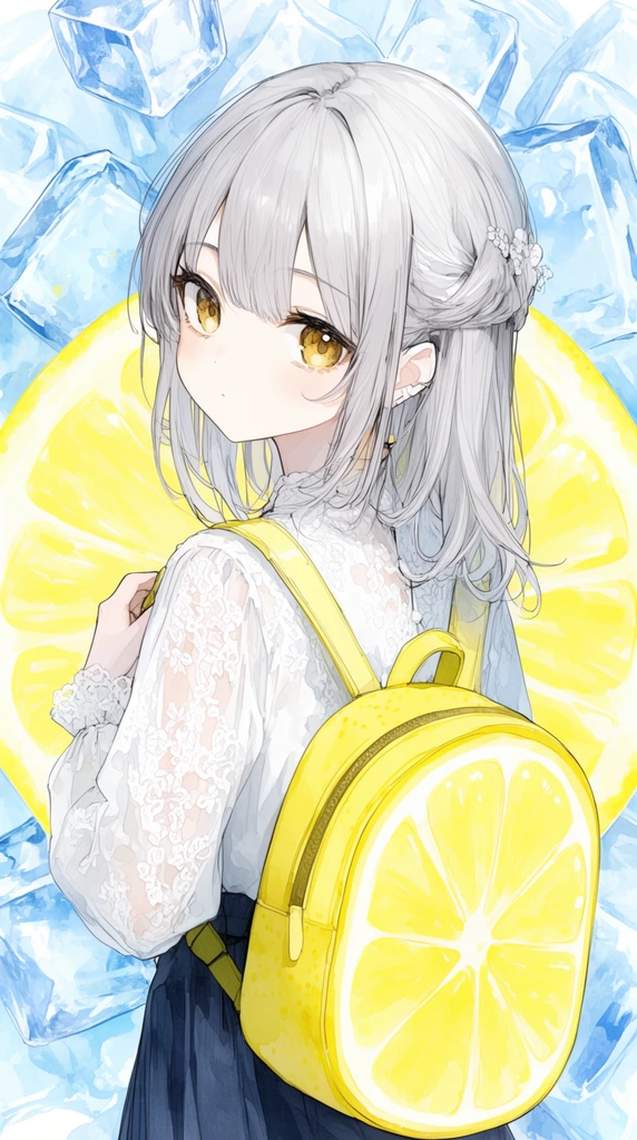 A silver-haired anime girl with golden eyes looks over her shoulder, wearing a white lace blouse and a yellow lemon-slice backpack. She stands against translucent blue ice cubes and a giant yellow lemon slice. The digital artwork features delicate line art, soft watercolor shading, and a refreshing palette of icy blue, crisp white, and vibrant yellow.