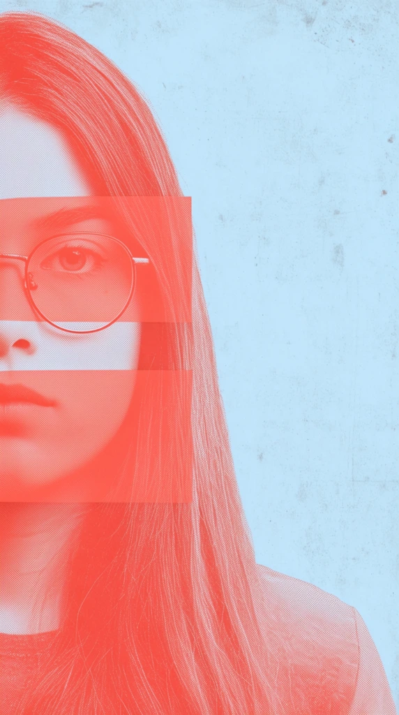A stylized duotone portrait of a young woman wearing round wire-frame glasses, cropped closely on the extreme left side of the frame. The composition employs a bold graphic design aesthetic characterized by a heavy halftone dot pattern, subtle grunge textures, and a pale icy blue background. Wide, horizontal bands of translucent coral red are superimposed directly over the woman's face, creating a striking geometric masking effect. Her expression is stoic, with long straight hair cascading down her shoulder. The right side of the image features a vast, empty expanse of the textured blue background, emphasizing the asymmetrical, poster-like framing and the high-contrast dual color palette.