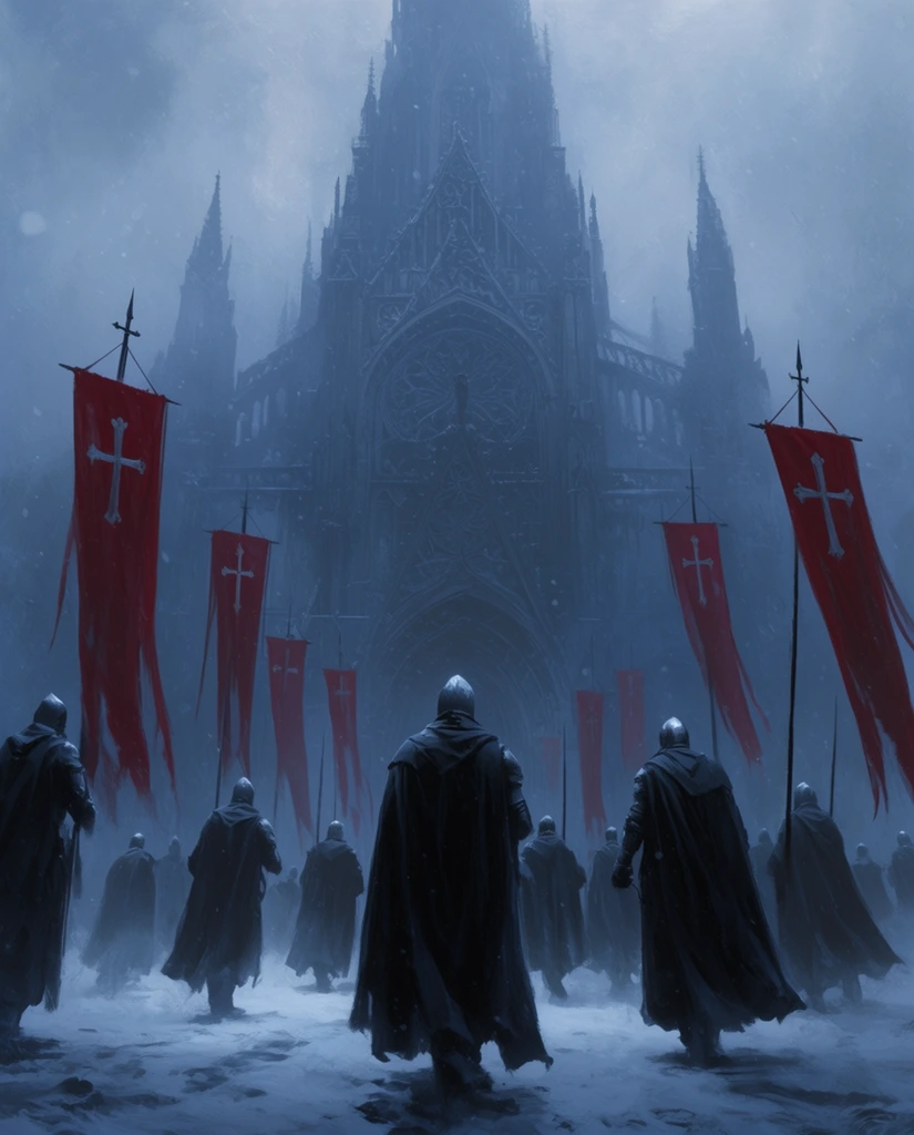 Cloaked knights marching toward towering gothic cathedral, tall red cross banners, heavy winter mist, cold blue palette, dark fantasy concept art, rear view