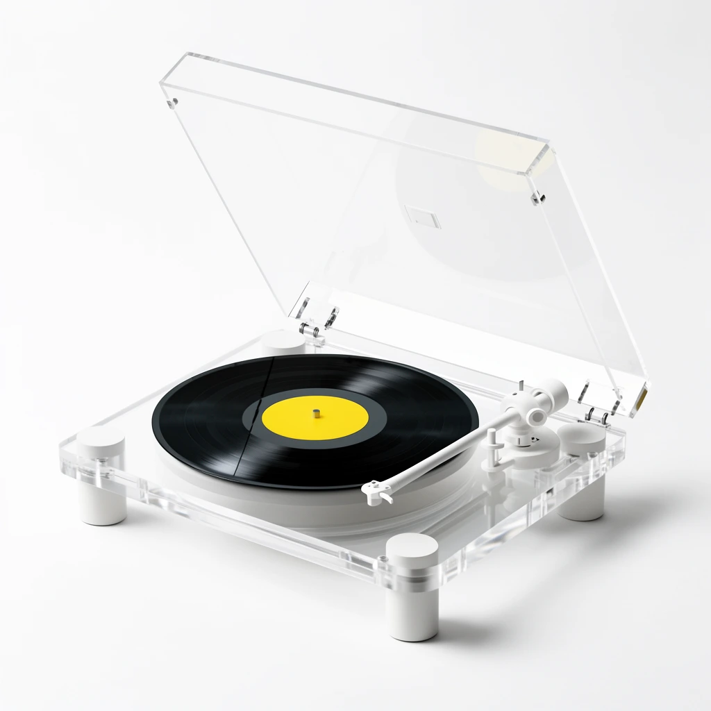 A minimalist transparent turntable rests on a stark white studio surface. The modern device features a clear acrylic base and an angled open dust cover supported by thick cylindrical matte white legs. A stark white tonearm sits beside a glossy black vinyl record displaying a bright yellow center label. Soft drop shadows ground the precise industrial design, emphasizing the crisp contrast between the dark vinyl and the pristine transparent hardware under bright high-key lighting.