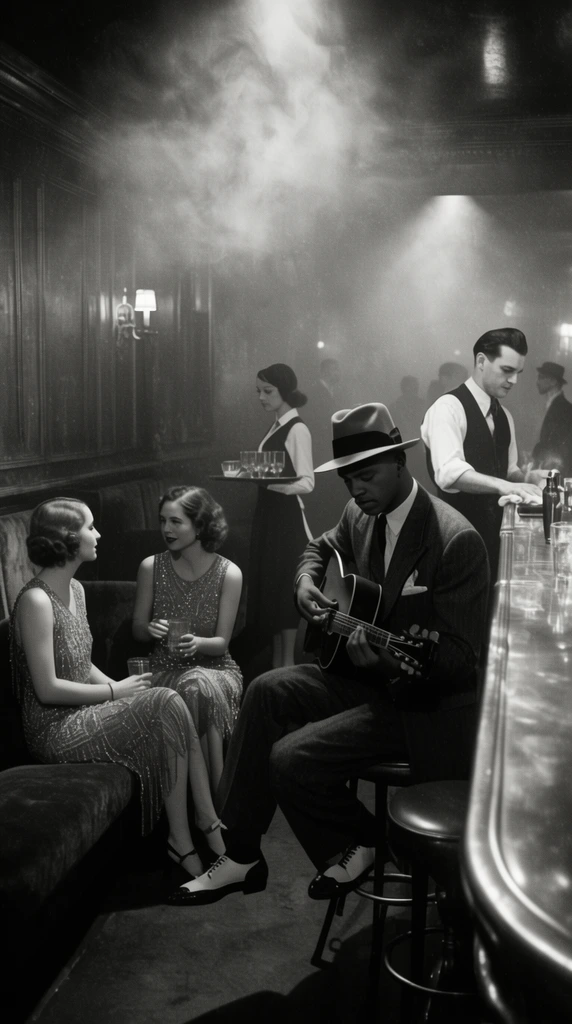 smoky 1930s underground jazz club, black and white cinematic photography, two women in beaded dresses chatting in a velvet booth, man in a zoot suit resting on a stool tuning a guitar, bartender wiping a brass counter, waitress carrying glasses, dramatic chiaroscuro, volumetric smoke, vintage film grain, high contrast