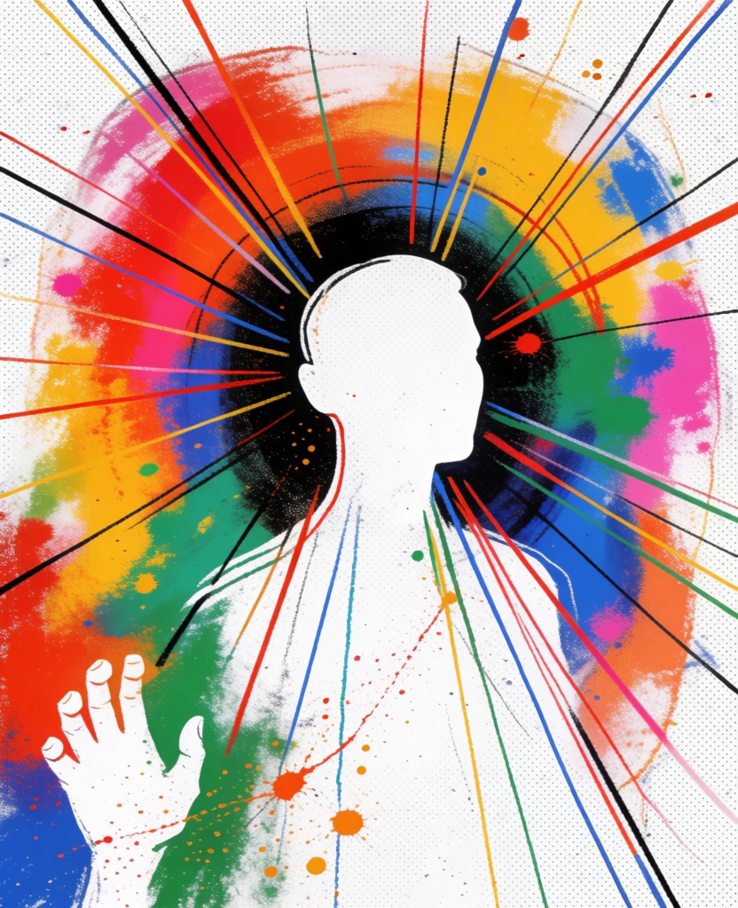 An abstract digital artwork features white human silhouettes acting as negative space amidst vibrant, grainy color gradients and sharp radiating lines centered on a dark, circular focal point. A central black void serves as the origin for numerous thin, straight lines that streak across the composition in various directions, some appearing as dark ink strokes and others as bright colored beams. Two primary white silhouettes are visible: a head and upper torso positioned in the upper center and a hand reaching upward from the lower-left corner. Around these shapes, saturated washes of crimson, orange, yellow, emerald green, and deep blue blend into one another with a stippled, spray-painted texture. The entire image is layered over a white background heavily textured with fine gray grain and scattered speckles of magenta, orange, and black. A prominent blue and black arched shape curves over the top of the upper silhouette, while a bright magenta streak cuts horizontally through the right side of the frame. The lighting is high-contrast, creating a sense of explosive energy emanating from the central dark core, with the colors appearing as translucent glows against the stark white of the silhouettes and the textured canvas.