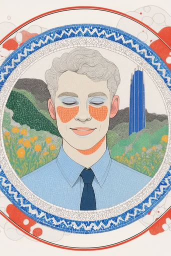 Graphic Surrealist Mosaic style reference image — bold color palette