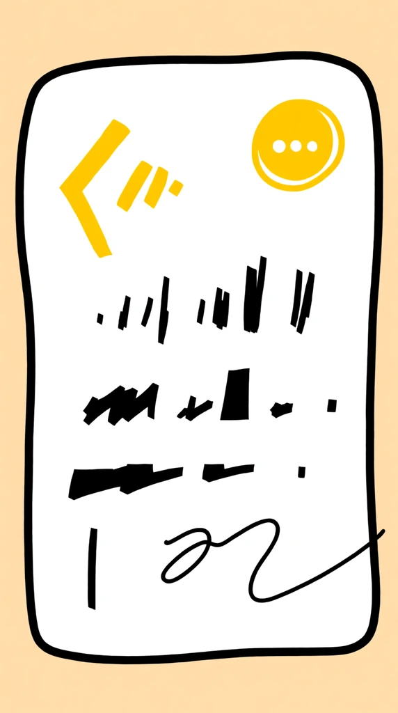 A minimalist, hand-drawn abstract graphic illustration featuring a large white central area surrounded by a solid pale peach outer margin. The white space is enclosed by a thick, wobbly, uneven black line with rounded edges, creating a loose, organic aesthetic. Inside the top left of the white space is a bright yellow angled chevron shape pointing left alongside a few short, thick yellow strokes. In the top right corner rests a solid yellow circle enclosing three small, horizontally aligned white dots. The middle section contains several stacked horizontal rows of disjointed, scratchy black marks, vertical strokes, and jagged geometric shapes of varying heights. A thin, fluid, swirling black line gracefully curves in the bottom right area. The composition uses completely flat colors with stark black-and-white contrast against the warm peach background, lacking any shading, shadows, or gradients.