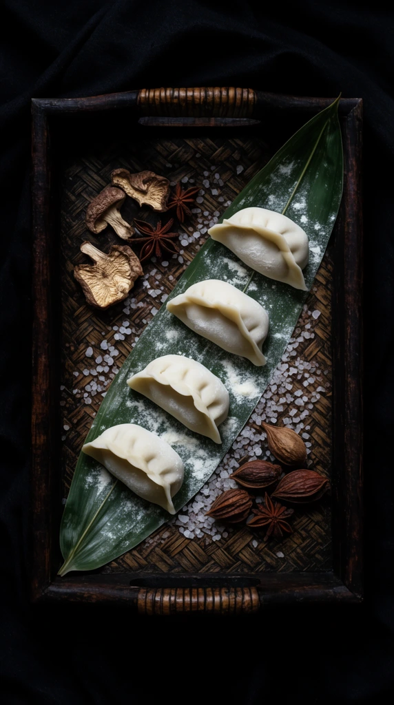 four raw dumplings diagonally arranged on a green bamboo leaf dusted with white flour, resting in a dark wooden tray with a woven rattan base, garnished with dried mushrooms, star anise, brown spice pods, scattered coarse salt grains, top-down flat lay food photography, moody low-key lighting, high contrast, black cloth background
