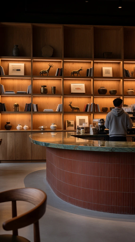 modern upscale cafe interior, large curved service counter featuring polished green stone top and vertical reddish-brown terracotta tile base, floor-to-ceiling natural wood shelving illuminated by hidden warm LED strips, curated display of books, brass animal figurines, ceramics, framed artwork, barista in grey hoodie facing away, smooth grey concrete floor, blurred curved wooden chair back in immediate foreground, moody ambient lighting, warm rich color palette, architectural photography
