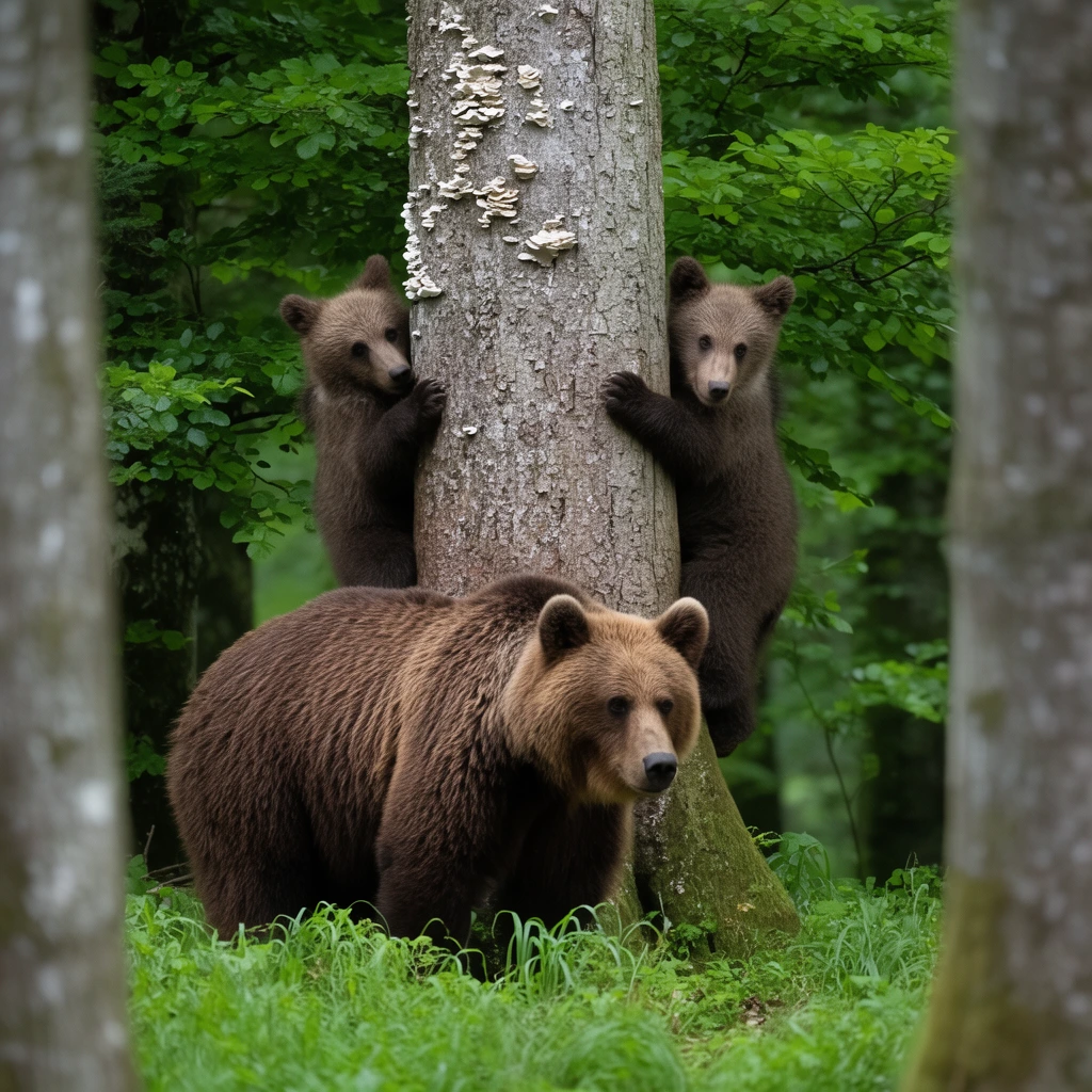 adult brown bear standing on a lush forest floor, two brown bear cubs clinging vertically to a thick tree trunk behind her, rough grey bark with white fungus, vibrant green leaves and grass, out-of-focus tree trunks framing the left and right, dense woodland environment, wildlife photography, telephoto lens, shallow depth of field, soft natural lighting
