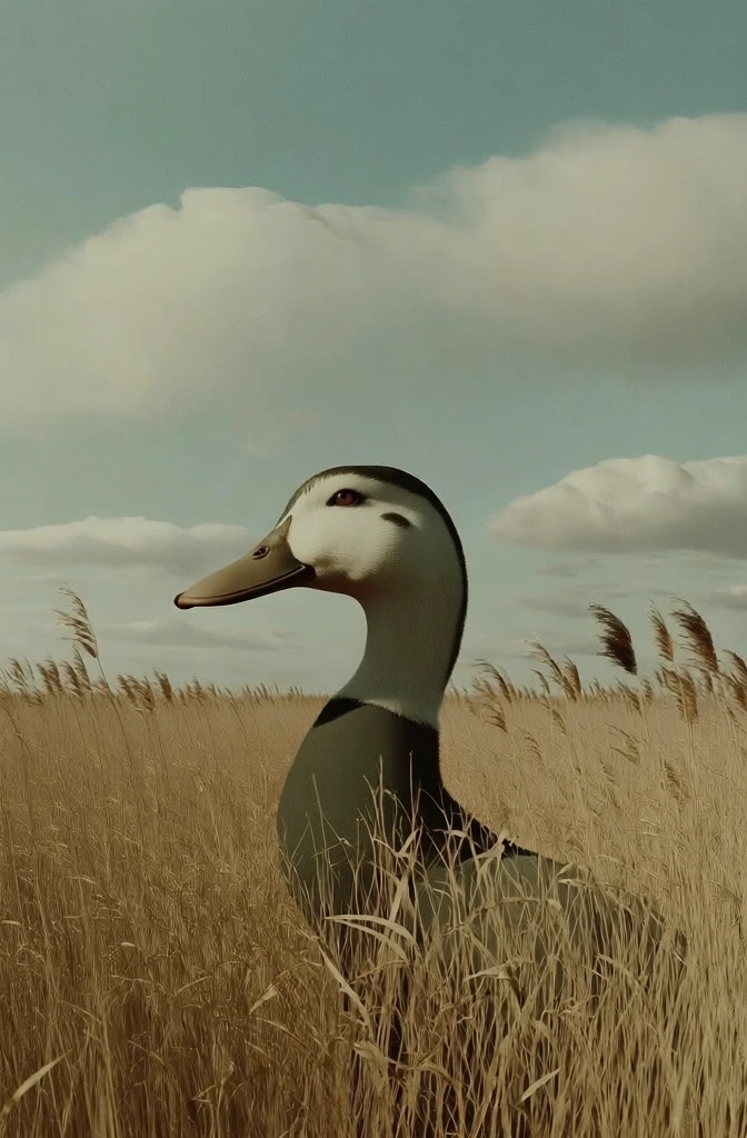minimalist profile view of a duck head and neck, centered composition, vast golden field of tall dried reeds, soft pale turquoise sky with hazy diffused clouds, muted earth tones and desaturated warm palette, quiet surrealist aesthetic, nostalgic cinematic quality, soft overcast lighting, low contrast, painterly texture, elegant editorial style, dreamlike atmosphere, clean horizon line, balanced negative space, fine organic details.