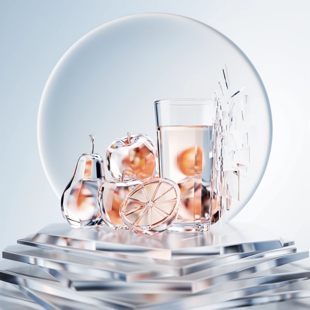 A pristine, hyper-realistic 3D rendering of a glass of juice alongside a pile of fruit, including a pear, apples, oranges, and an orange slice, all entirely constructed from flawless, transparent crystal and faceted glass. The crystalline fruit and glass feature smooth, polished curves contrasting with sharp, angular geometric cuts, deeply refracting soft, warm peach and champagne chromatic highlights through their perfectly clear bodies. The orange slice is composed of precise, transparent segmented wedges. Floating adjacent to the fruit is a dynamic visual effect of vertically cascading, glitch-like shattered glass planes and suspended transparent shards. The subjects rest atop a rigid, architectural pedestal formed by overlapping, beveled glass plates layered in a stepped formation. Directly behind the arrangement stands a monumental, perfectly circular disc of frosted matte glass, framing the subjects like a pristine halo. The background is a seamless, ultra-clean gradient of pale ice-blue and stark white, bathed in soft, diffuse studio lighting that creates sharp specular glints on the smooth surfaces. The center-weighted composition employs a shallow depth of field, softly blurring the foreground edges of the transparent pedestal while keeping the central refractive fruits and geometric liquid volumes in razor-sharp, luminous focus, evoking a sleek, futuristic, high-luxury aesthetic.
