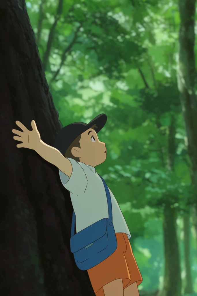 young boy leaning against massive dark tree trunk, reaching out with one arm, looking up in awe, backward dark cap, light short-sleeve shirt, orange shorts, blue crossbody bag, dense lush green forest, dappled sunlight, soft focus background, 2D animation style, low angle perspective
