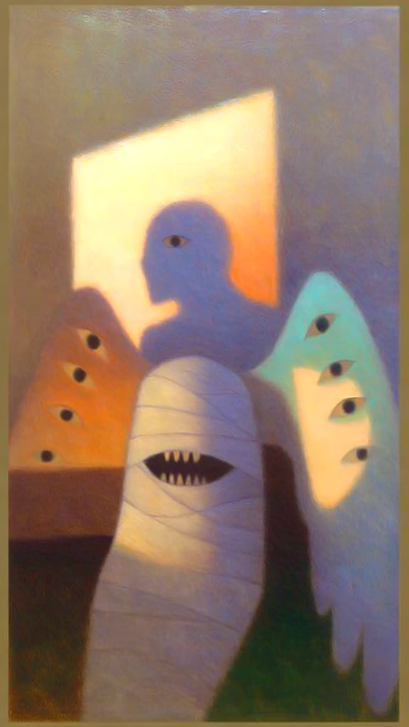 a bandaged monster with a large toothy mouth on its torso, a single eye, and many-eyed wings, rendered as a soft-focus impressionistic oil painting, dramatic golden light casting a sharp geometric periwinkle shadow of the creature, muted palette of dusty violet and ochre, thick painterly textures, diffused edges in a liminal interior, silhouetted forms defined by high-contrast light and abstracted shapes, ethereal atmosphere, flat perspective, impressionist impasto