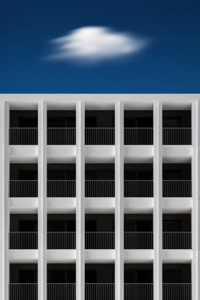 minimalist modern building facade, straight-on flat perspective, strict geometric grid, white textured vertical pillars, recessed dark balconies with thin white metal railings, four uniform stories, extreme contrast between bright white exterior and pitch-black shadowed interiors, solid deep blue sky, single horizontally swept soft white cloud centered above the roofline, ethereal motion blur cloud contrasting with sharp rigid architecture