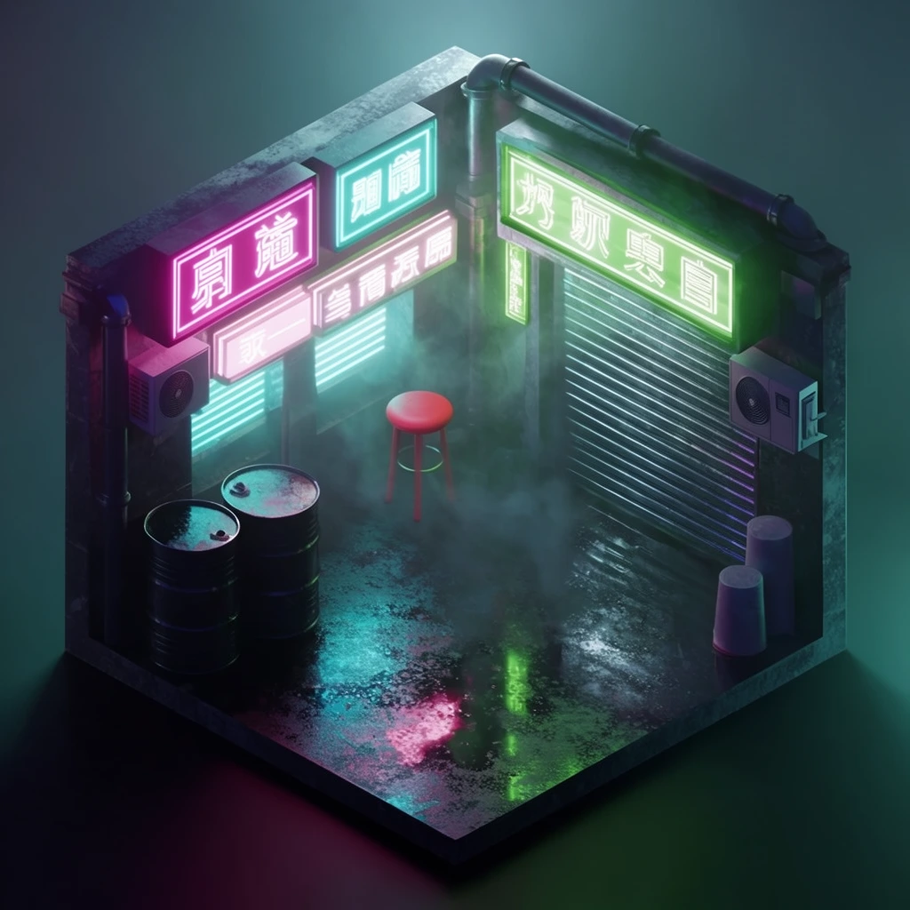 isometric 3D diorama of a cyberpunk alley corner, glowing pink cyan and green neon storefront signs, wet reflective floor with volumetric fog, metallic roll-up door, red stool, dark industrial barrels, atmospheric emission lighting, stylized digital rendering