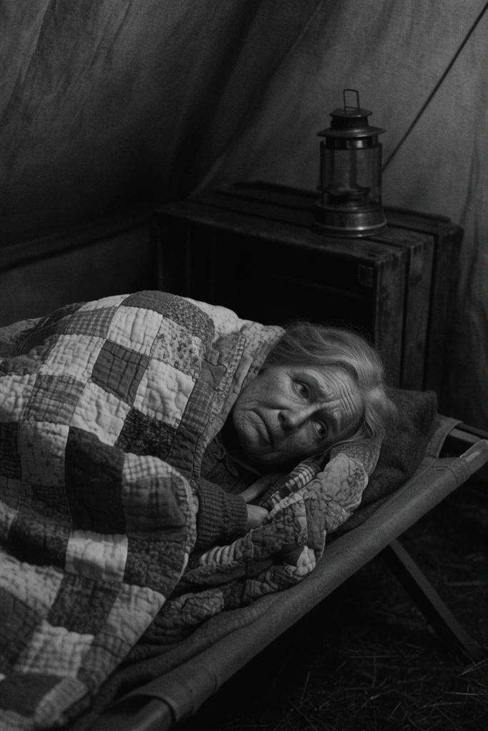 black and white cinematic still, grizzled elderly woman wrapped tightly in a thick patchwork quilt, lying sideways on a narrow canvas cot, weary expression looking off-camera, overturned wooden crate holding a tin lantern nearby, heavy film grain, moody low-key lighting, deep shadows, cramped tent interior