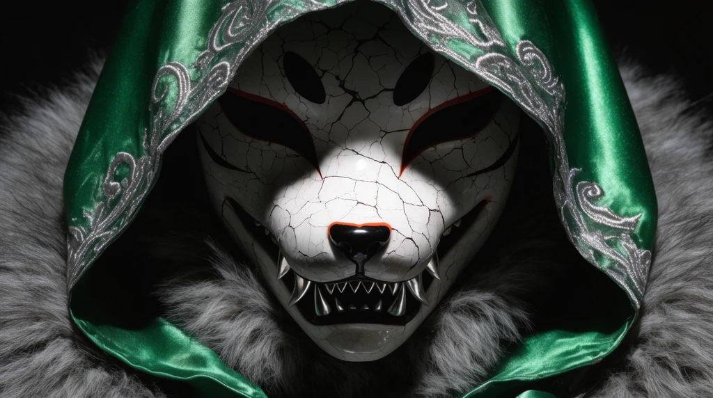 A deeply cracked porcelain kitsune half-mask with jagged silver fangs, worn beneath a vibrant emerald green silk hood with silver embroidery. Pitch-black shadows obscure the eyes, while dense grey wolf fur frames the neck. Extreme close-up portrait with harsh, dramatic cinematic lighting against a dark void.