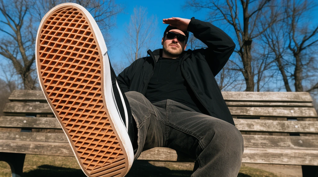 A low-angle wide shot of a man on a wooden bench, extending his leg to show a close-up forced perspective of his skate shoe's waffle tread. Wearing a black jacket and sunglasses, he shields his eyes against a backdrop of bare trees and clear blue sky.