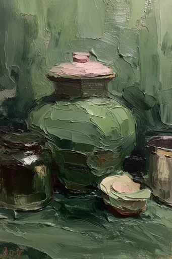 Tactile Emerald Minimalism style reference image — heavy impasto oil painting