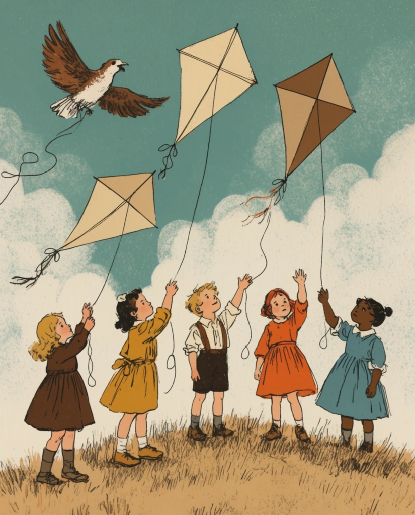 Five diverse children fly diamond-shaped kites on a grassy hilltop beneath a cloudy teal sky. The children stand on dry tan grass, wearing vintage-style clothing in earthy tones of brown, mustard, orange, and blue. They reach upward, holding thin, looping black strings connected to three beige and brown diamond kites. In the upper left, a large brown and white bird flies with a loose string trailing behind it. The stylized background features soft, fluffy white clouds. The artwork employs a classic children's book illustration style, characterized by expressive sketch-like black line art, flat muted colors, and a grainy, stippled texture reminiscent of mid-century lithography.