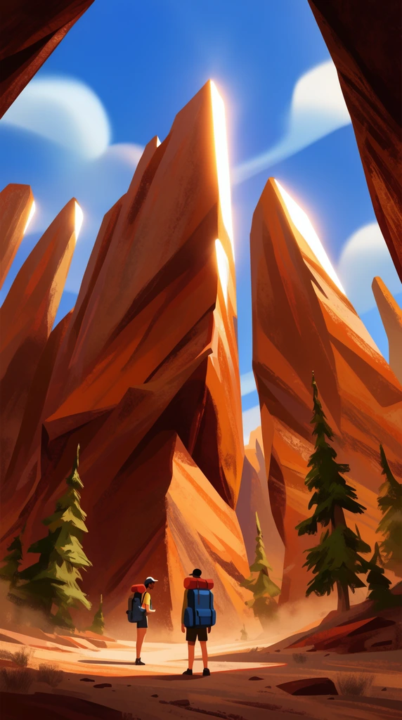 Two tiny backpackers stand dwarfed within a colossal desert canyon. A dramatic low-angle perspective looks up at towering, angular sandstone spires rendered in rich oranges and browns in a stylized digital painting aesthetic. Intense sunlight creates blindingly bright rim lighting on the sharp rock edges. Scattered evergreen trees dot the dusty floor beneath a vibrant blue sky with smooth clouds.