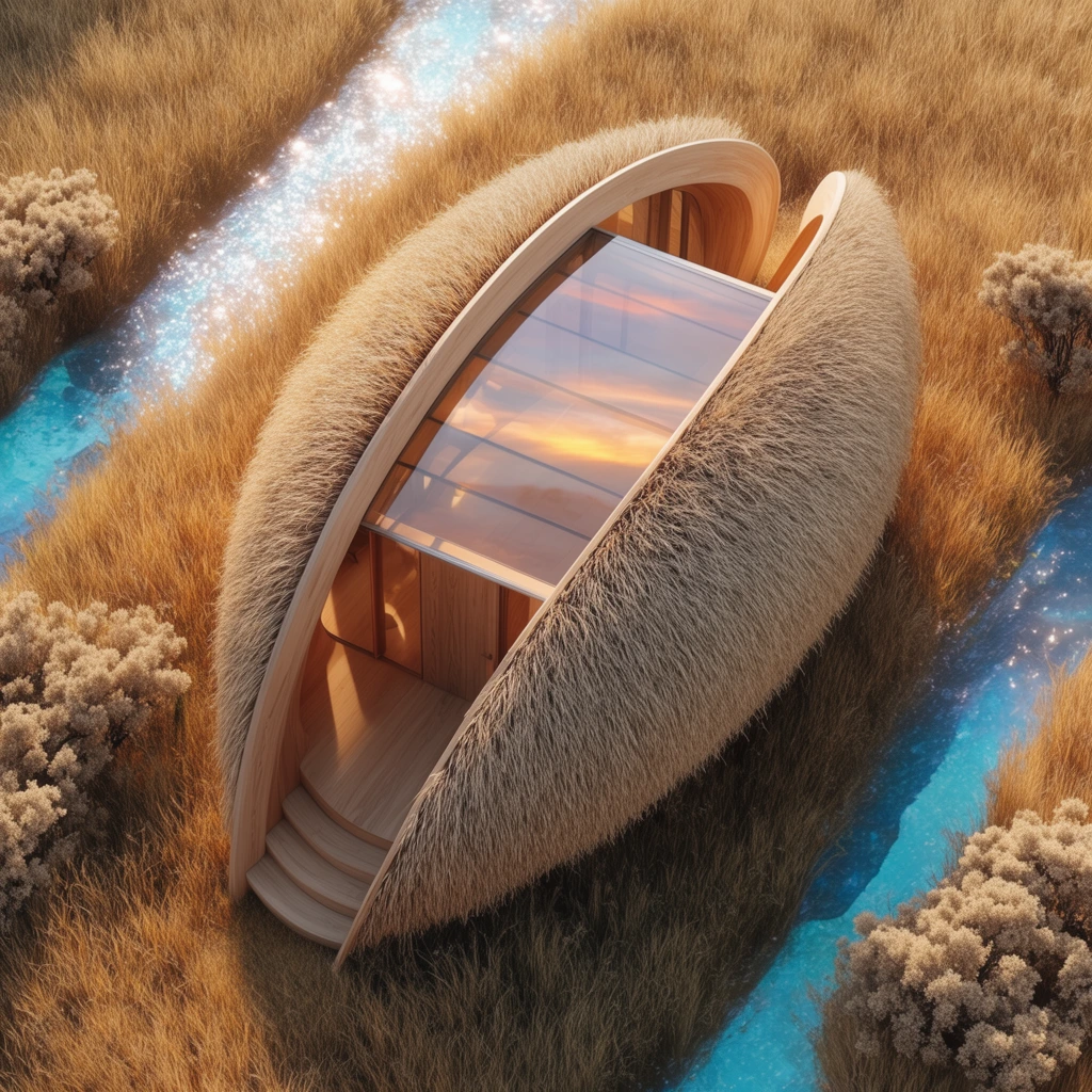 seed-shaped architectural pod, split oval structure, dense dried grass thatched exterior, smooth light wood inner frame, central glass skylight reflecting warm sunset hues, curved wooden entrance steps, golden tall grass field environment, flanked by two winding blue water streams shimmering with sunlight, scattered beige bushes, high-angle aerial perspective, warm golden hour lighting, hyper-realistic architectural rendering, earthy gold color palette with bright cyan accents