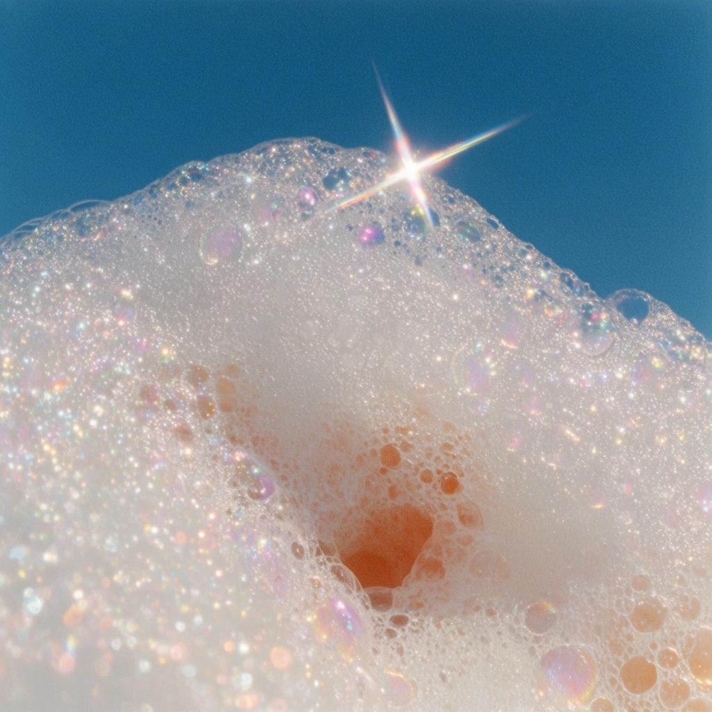 A macro photograph captures a voluminous mound of glittering white foam against a solid cerulean sky. Countless tiny iridescent bubbles form a dense lather reflecting subtle pastel pink, purple, and gold hues under bright sunlight. A brilliant four-point starburst lens flare gleams intensely on the uppermost ridge. Warm peach tones peek through deep crevices in the foam, creating soft shadows contrasting with bright white highlights. A distinct vintage film grain amplifies the ethereal, sparkling texture.