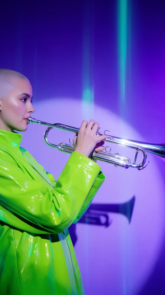 A young woman with a shaved head plays a polished silver trumpet in a vibrant, futuristic setting. Captured in a medium side profile on the left, she wears a high-collared neon green vinyl jacket. The background is a glowing ultraviolet purple wall illuminated by a dramatic spotlight, casting a sharp horizontal shadow of the instrument. Vertical streaks of teal light cut through the purple ambiance, creating a high-contrast color palette. The shiny silver metal of the trumpet brightly reflects the surrounding neon tones, emphasizing the bold, cinematic lighting and intense atmosphere.