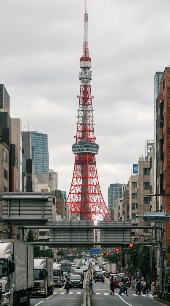 A colossal red and white lattice communications tower dominates the skyline at the end of a congested urban avenue. The street serves as a precise leading line, packed with commercial trucks, cars, and pedestrians moving beneath large overhead signboards and traffic signals. Mid-rise buildings with varied glass, concrete, and brick facades line the road in muted tones, contrasting sharply with the tower's vibrant red steel framework. Photographed with a telephoto lens under an overcast sky, the focal compression flattens the cityscape, generating an intense scale contrast between the dense, everyday street-level infrastructure and the monumental geometry of the background structure.