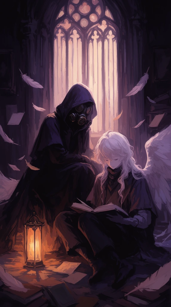 A hooded figure in a gas mask leans over a pale-haired, winged character reading a book. A glowing floor lantern and tall arched window light the gothic room. Drifting feathers and pages fill the dramatically backlit, painterly dark fantasy illustration in muted purples and warm oranges.