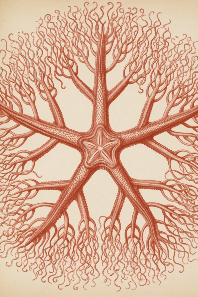 A vintage biological illustration of a basket star rendered in terracotta-red ink on aged beige paper. A central pentagonal hub with a star-shaped core anchors the symmetrical composition. Five thick, ribbed arms radiate outward, repeatedly bifurcating into a dense, circular web of finely curling tendrils. Meticulous stippling and scaly textures define the thicker limbs. The perfectly centered organism fills the entire frame against a flat background, capturing the precise geometric complexity and delicate line work of classic zoological lithographs.