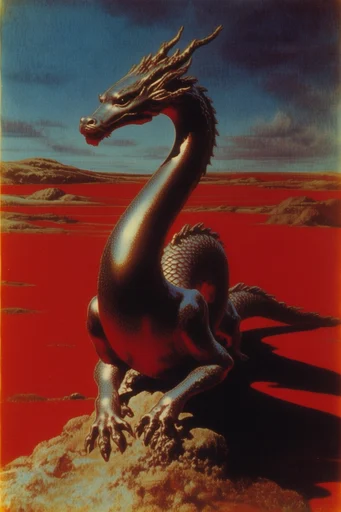Crimson Surrealist Mythos style reference image — analog grain texture