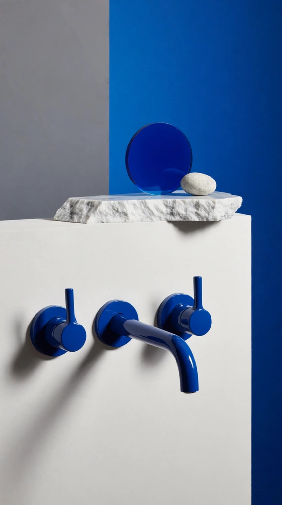 Glossy cobalt blue wall-mounted faucet and dual lever handles on a matte white block. A jagged marble slab, translucent blue disc, and small stone sit above. Sharp geometric blue and grey color-blocked background with crisp studio lighting.