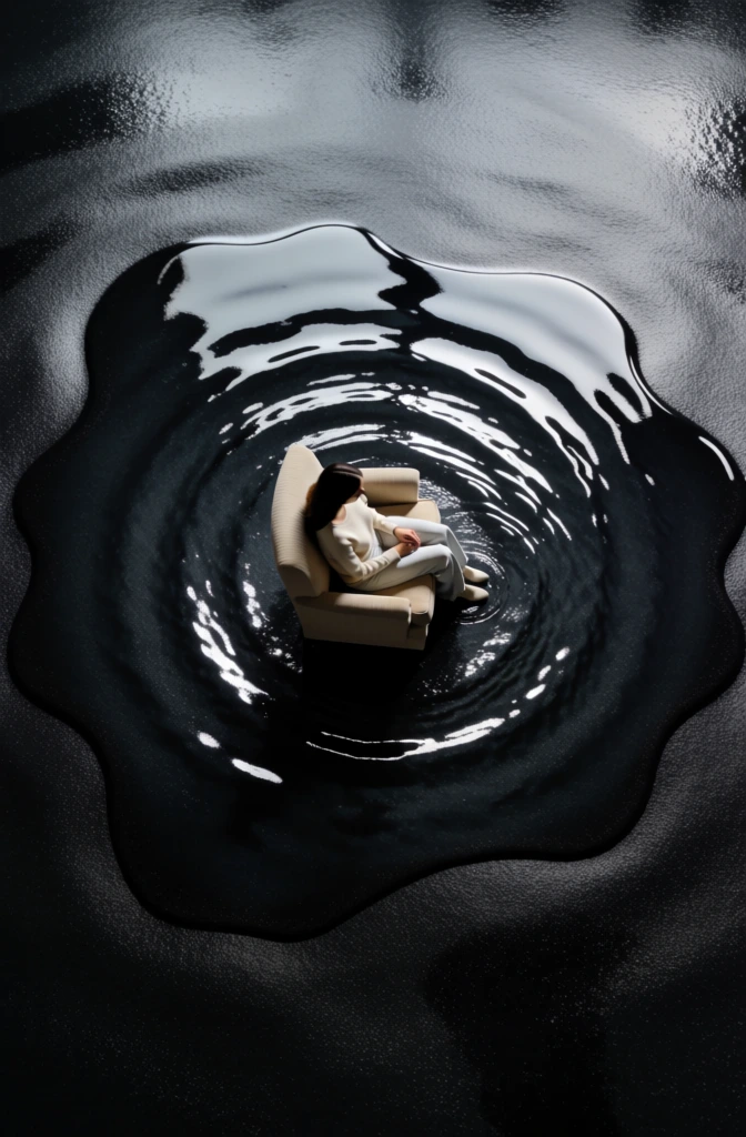a top-down god’s-eye view of a woman sitting in an armchair facing right, centered within a dark obsidian puddle on a textured ground, fine concentric ripples radiating outward from the subject, high-contrast chiaroscuro lighting with deep blacks and bright beige highlights, muted desaturated color palette, gritty film grain, shimmering water surface reflecting distorted indoor architecture and window frames, surreal and moody urban atmosphere, high-signal liquid textures, cinematic grain.