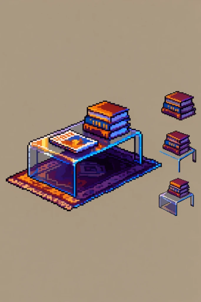 A 16-bit retro video game pixel art sprite of a transparent coffee table on a patterned rug holding a magazine and a stack of books, set against a solid, flat beige background. The main, large-scale pixelated illustration sits slightly off-center, featuring thick, dark pixel outlines that define the geometric patterns of the rug, the rigid edges of the books, and the glassy planes of the table. Dramatic, high-contrast block shading bathes the left side of the objects in warm amber and bright orange illumination, transitioning into deep, heavy purple shadows in the recessed areas. Harsh, vivid blue rim lighting sharply highlights the right-facing edges of the glass, book spines, and rug fringes. To the right of the primary arrangement, a vertical column of three smaller, scaled-down pixel art iterations displays isolated variations of the stacked books and table elements. The entire composition utilizes crisp, un-aliased pixels characteristic of classic arcade sprite sheets, combining rich purples, glowing oranges, and striking blues over the neutral, untextured canvas.