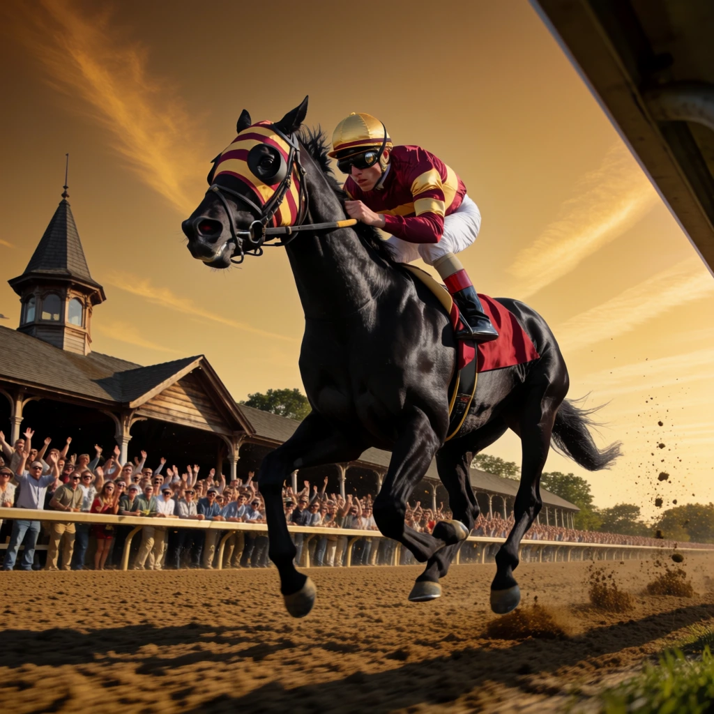 A sleek black racehorse and jockey surge in a high-speed gallop down a dirt track. The muscular black horse wears a crimson and gold striped blinker hood, matched by the crouching jockey in crimson and gold silks, a gold helmet, and dark goggles. Extended front legs kick up a spray of loose dirt. Behind a white rail, a rustic wooden Victorian-era pavilion overflows with cheering spectators. Shot from a dynamic, low ground-level perspective, the scene emphasizes raw power and forward momentum. Warm golden hour lighting casts long shadows against a deep amber sky with streaking cirrus clouds, combining sharp focus on the galloping duo with cinematic motion blur on the flying earth.