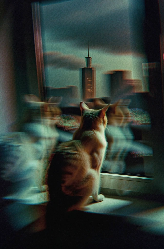 high-angle top-down perspective, a cat sitting on a windowsill looking out at a distant city skyline with a prominent central tower, heavy shutter-drag motion blur creating spectral ghosting and kinetic light trails, moody teal-shifted color grading, deep shadows with muted green highlights, thick analog film grain and chromatic aberration on blurred edges, dreamlike atmospheric long exposure, soft light diffused through window pane, multiple ethereal impressions of the cat's form.