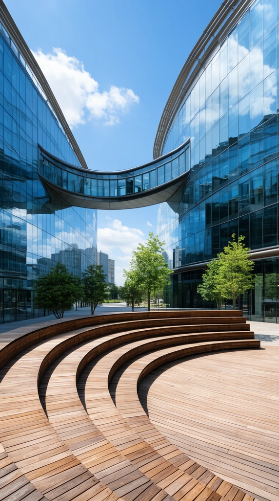 Curved, tiered wooden amphitheater seating anchors a slatted wooden deck in a modern urban plaza. A sweeping glass skybridge connects curved office buildings whose highly reflective facades mirror the blue sky and architecture. Small green trees dot the bright, daylit courtyard, captured with a wide-angle architectural perspective emphasizing geometric lines.